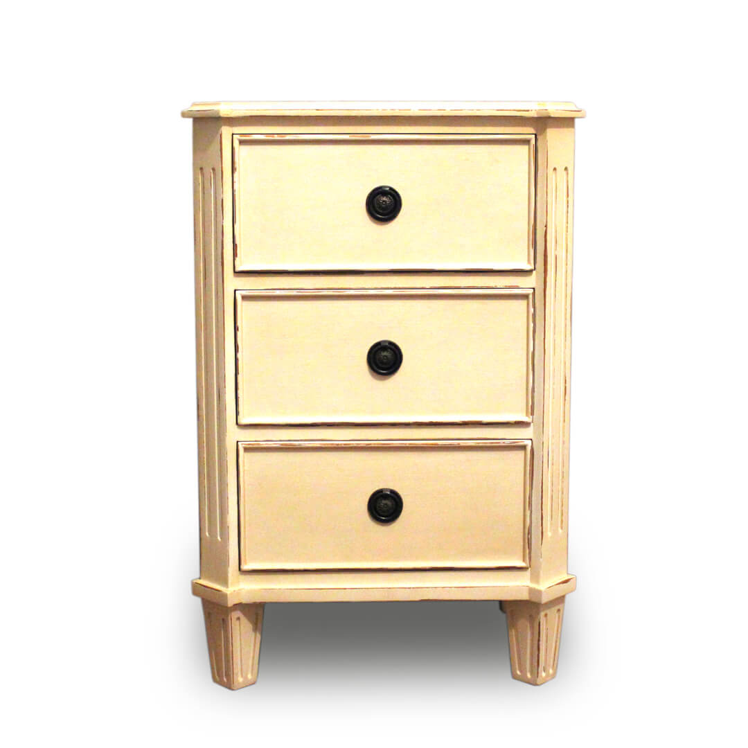White Painted 3 Drawer Bedside front view