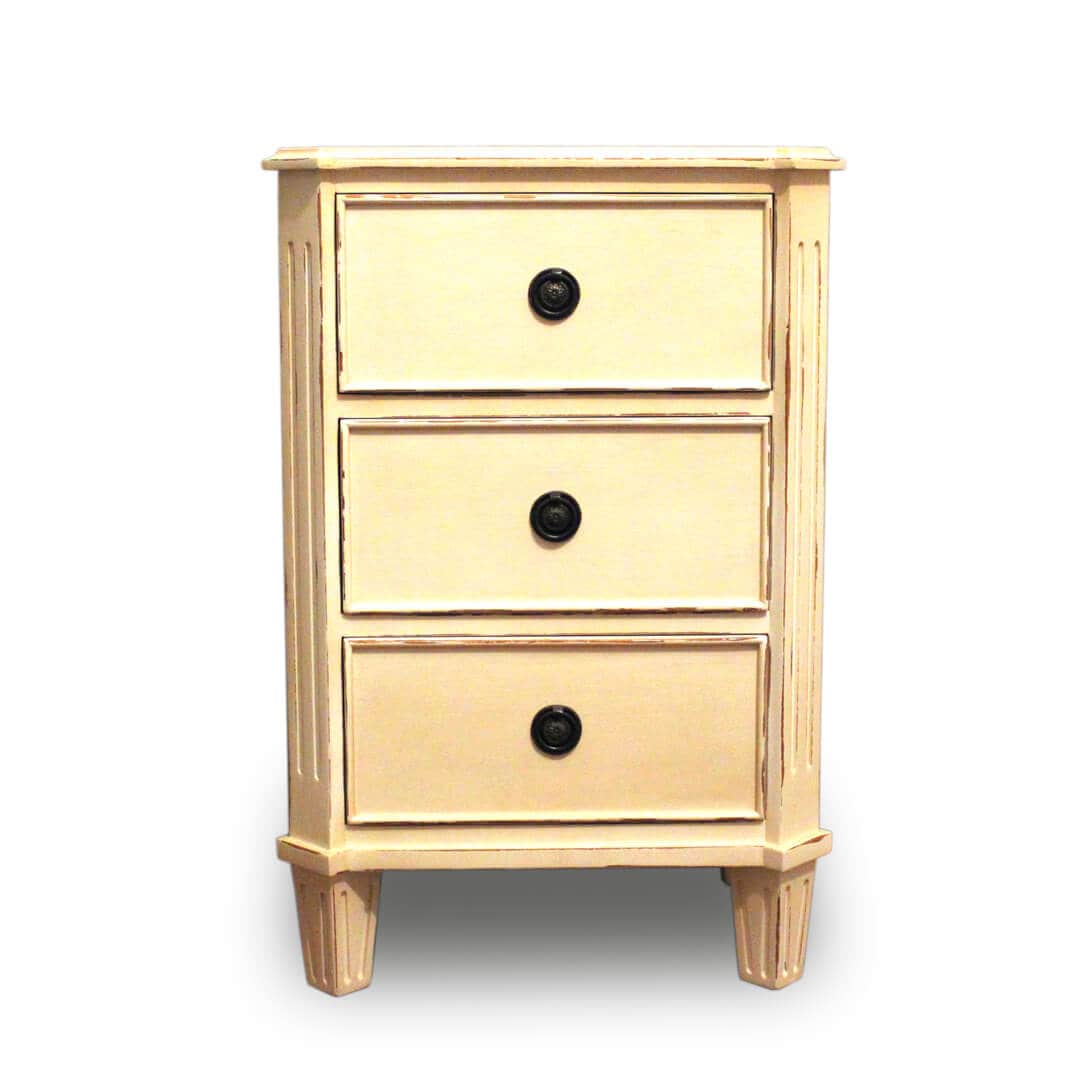 White Painted 3 Drawer Bedside front view