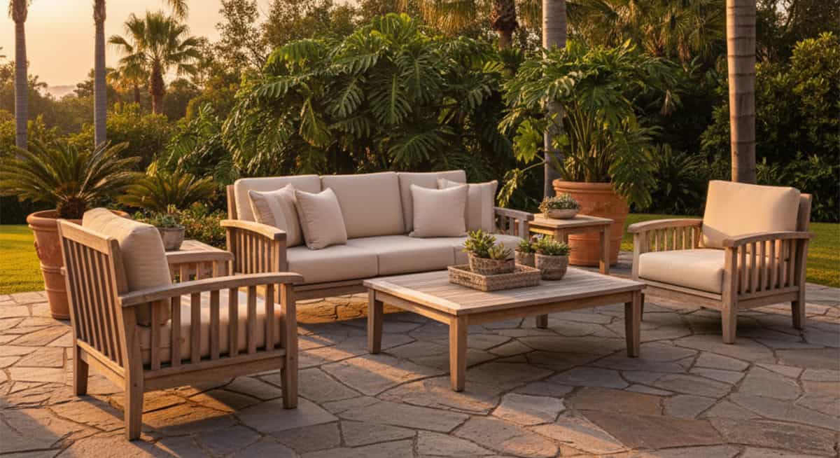 Teak outdoor furniture on the golden hour sunset