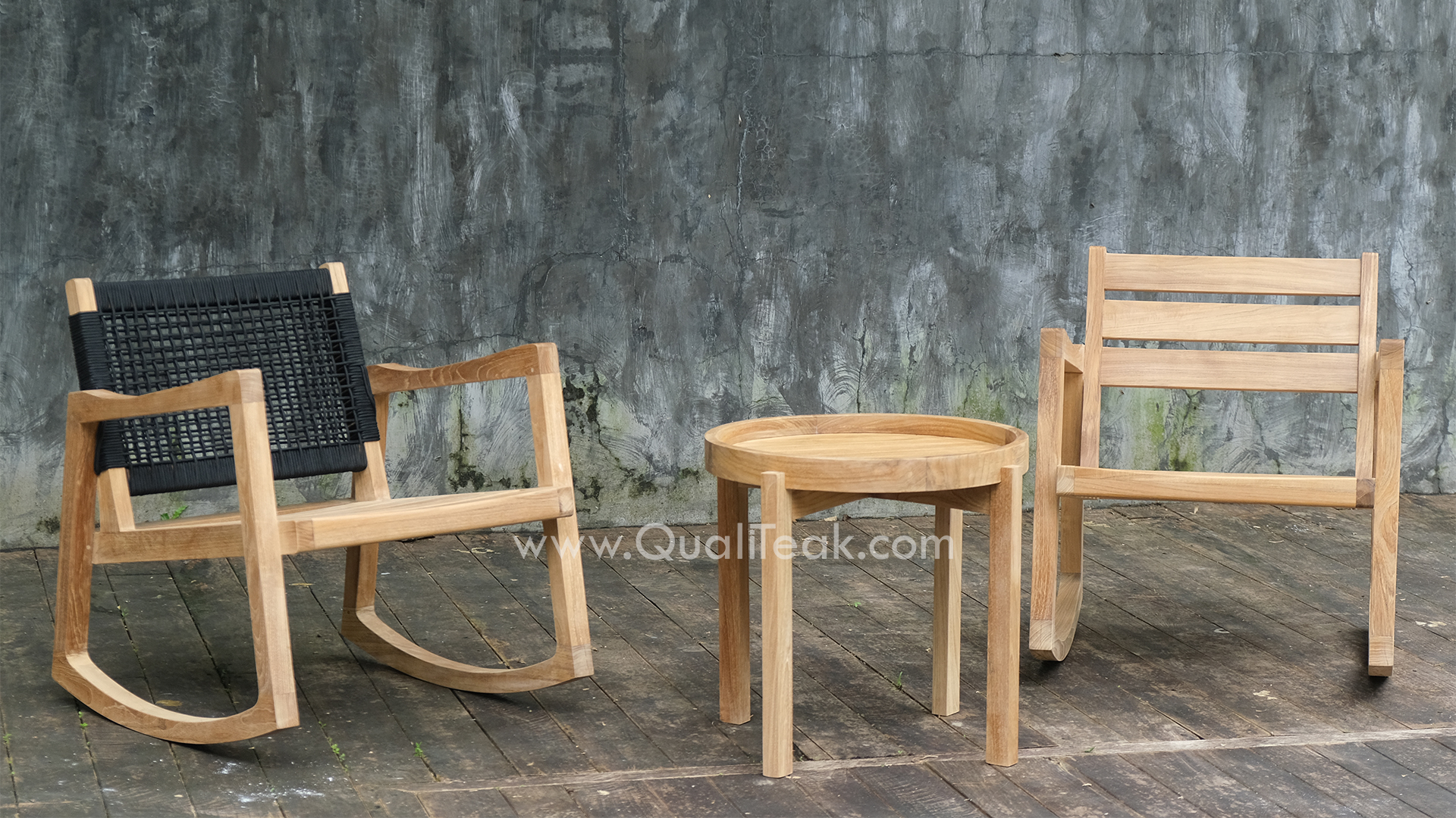 Lune Teak Outdoor Rocking Chair Set 5 Lune commercial teak outdoor rocking chairs in rope weave and solid wood, paired with a removable tray side table by Qualiteak.